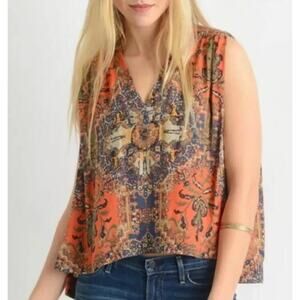 Free People Darcy India Tapestry Print Sleeveless Blouse Top Boho Boxy Swing M